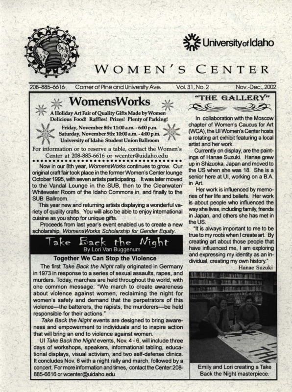 The November-December 2002 issue of the Women's Center Newsletter, titled "Women's Center Vol. 31, No. 2 Nov-Dec 2002."