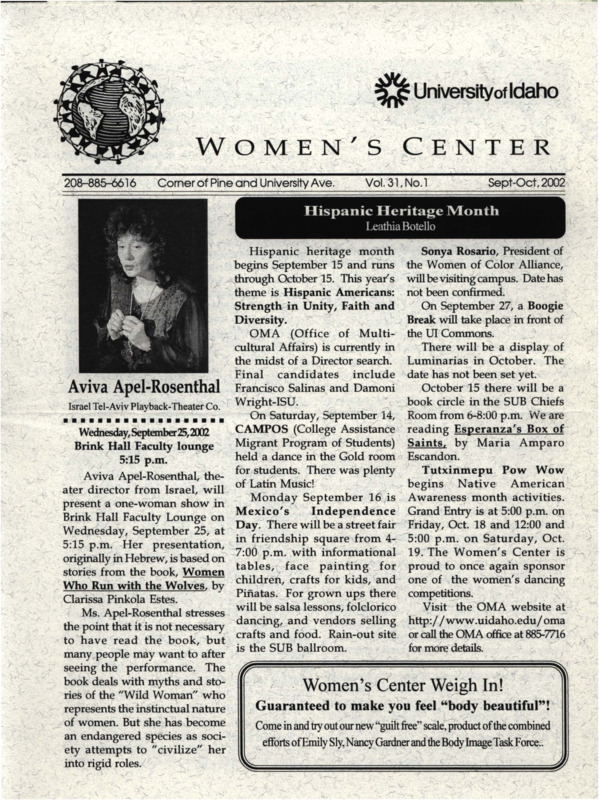The September-October 2002 issue of the Women's Center Newsletter, titled "Women's Center Vol. 31, No. 1 Sept-Oct 2002."