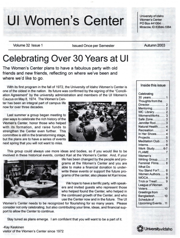 The Autumn 2003 issue of the Women's Center Newsletter, titled "UI Women's Center Volume 32 Issue 1 Autumn 2003."