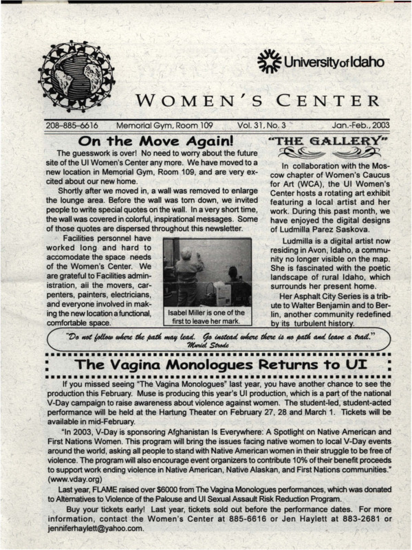 The January-February 2003 issue of the Women's Center Newsletter, titled "Women's Center Vol. 31, No. 3 Jan-Feb 2003."