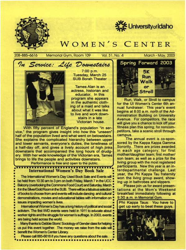 The March-May 2003 issue of the Women's Center Newsletter, titled "Women's Center Vol. 31, No. 4 March-May 2003."