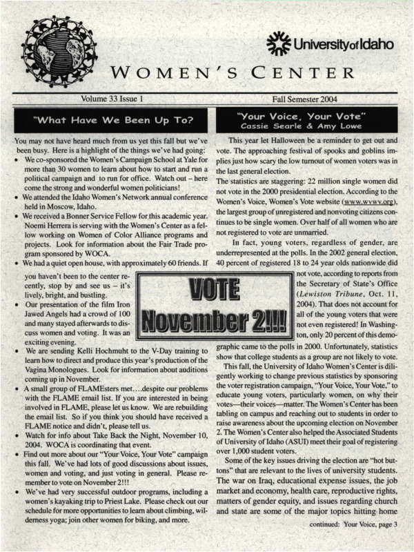 The Fall 2004 issue of the Women's Center Newsletter, titled "Women's Center Volume 33 Issue 1 Fall Semester 2004."
