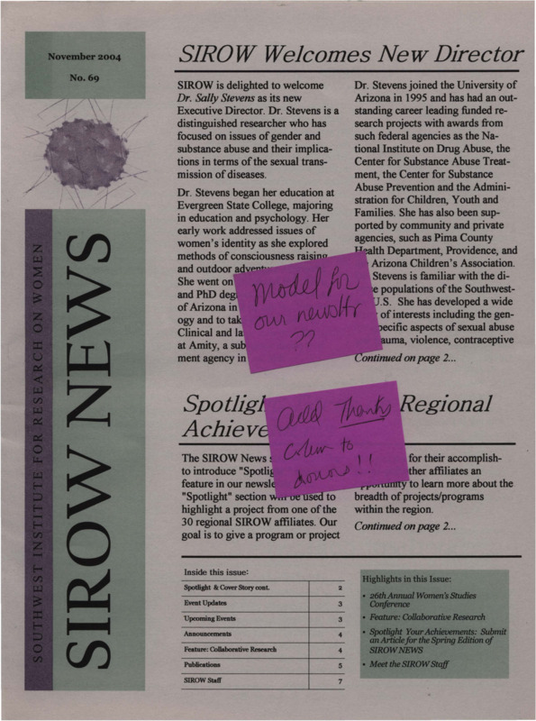 The November 2004 issue of SIROW NEWS, titled "Southwest Institute for Research on Women: SIROW NEWS November 2004 No. 69."