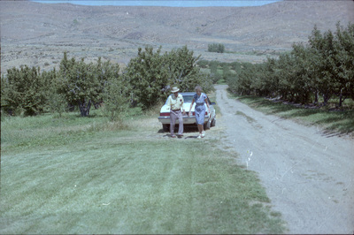 Two people walking away from a car