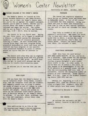 Women's Center Newsletter October 1974