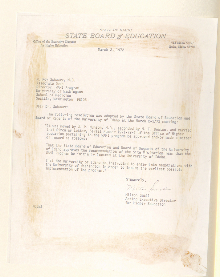 A letter from the State Board of Education to M. Roy Schwarz, discussing the adoption of a resolution related to the WAMI program.