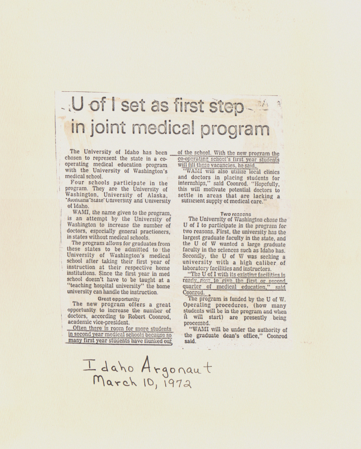 A newspaper clipping from the Idaho Argonaut discussing the University of Idaho's participation in the joint medical program with the University of Washington.