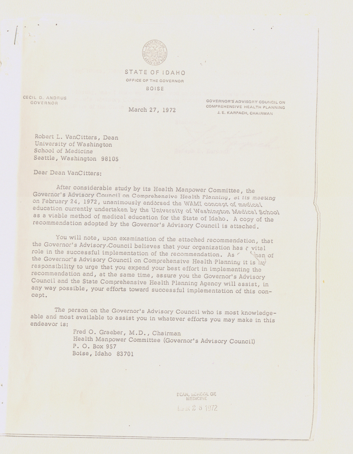 A letter from the Governor's Advisory Council to Robert L. Van Citters, discussing its recommendation as a viable method of medical education.