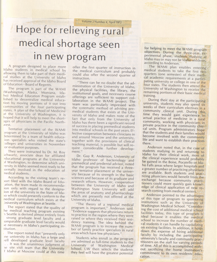 A newspaper clipping discussing the new WAMI program and its potential to relieve the rural medical shortage.