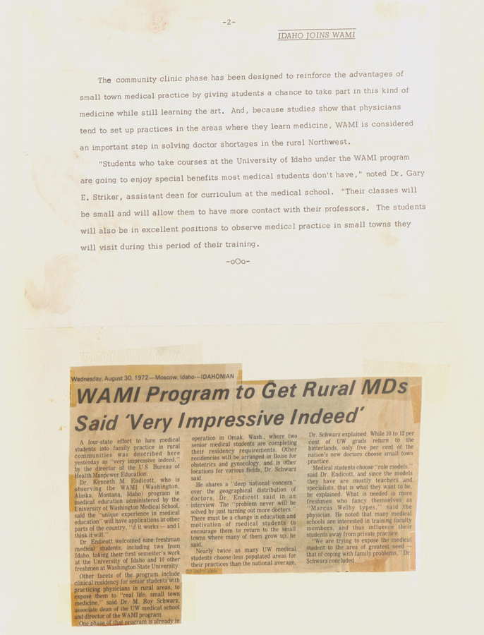 A newspaper clipping from the Idaho Statesman, discussing the WAMI program and its efforts to get rural MDs. This page also contains the continuation of the press release from page 9.