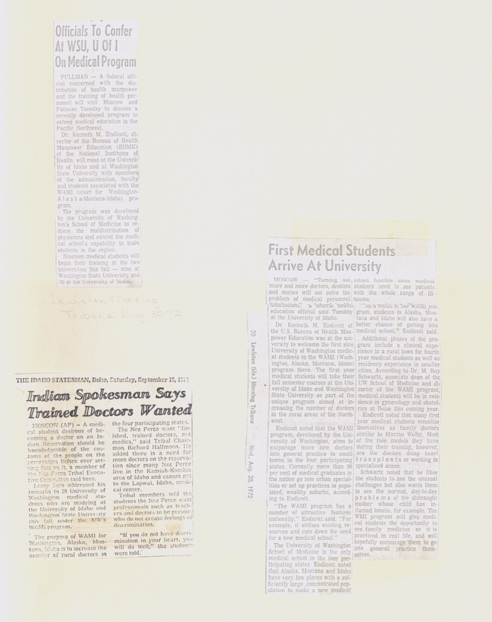 Newspaper clippings from the Idaho Statesman and Lewiston Tribune about the WAMI program and the need for more trained doctors in Idaho.