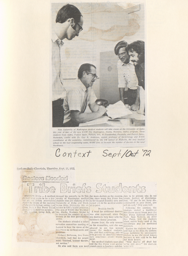 A newspaper clipping from the Spokane Daily Chronicle showing a photograph of tribal leaders briefing students.