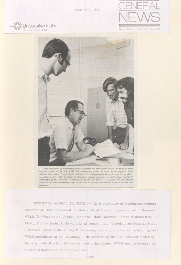 A press release and photograph discussing the arrival of the first University of Washington medical students from at the University of Idaho.