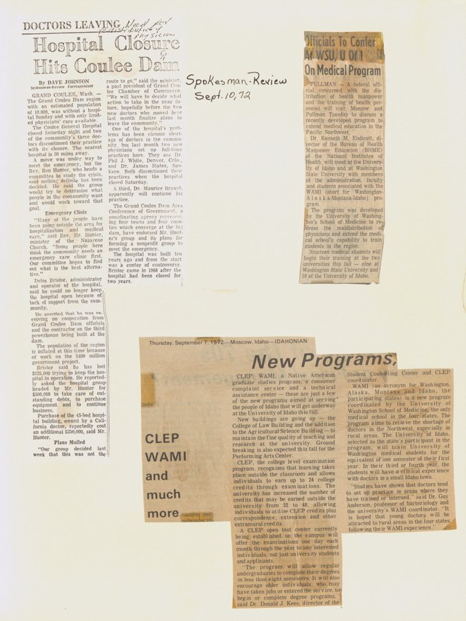 Newspaper clippings from the Spokesman-Review and Idahonian discussing the impact of hospital closure on the Coulee Dam community and the new WAMI program.