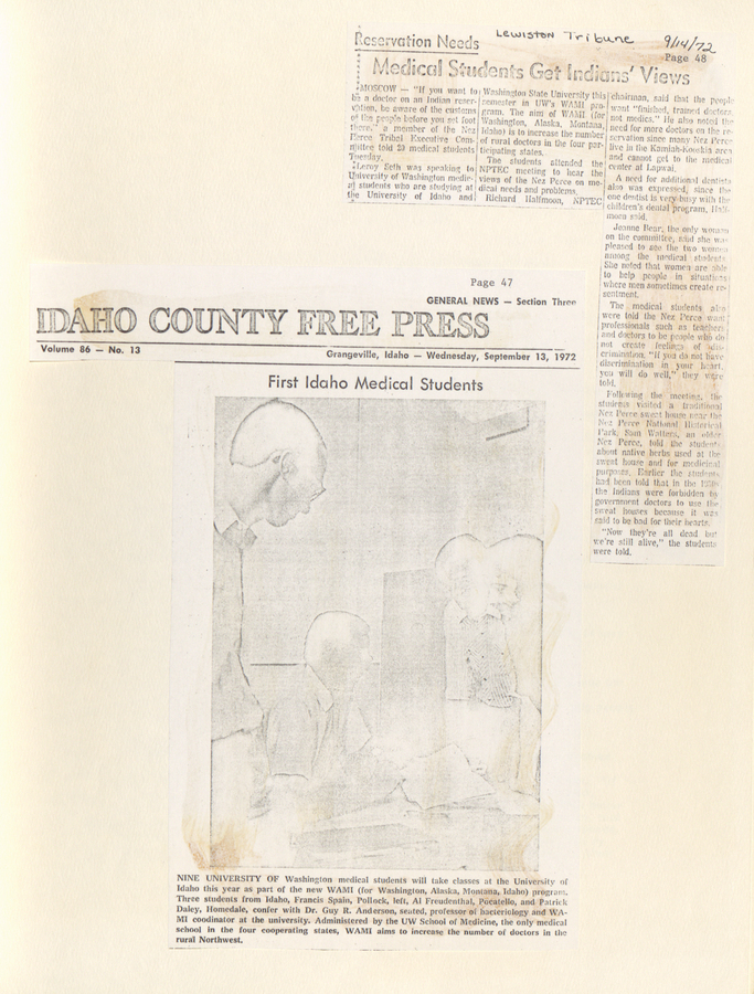 Newspaper clippings from the Idaho County Free Press and Lewiston Tribune, discussing the first Idaho medical students and tribal views.