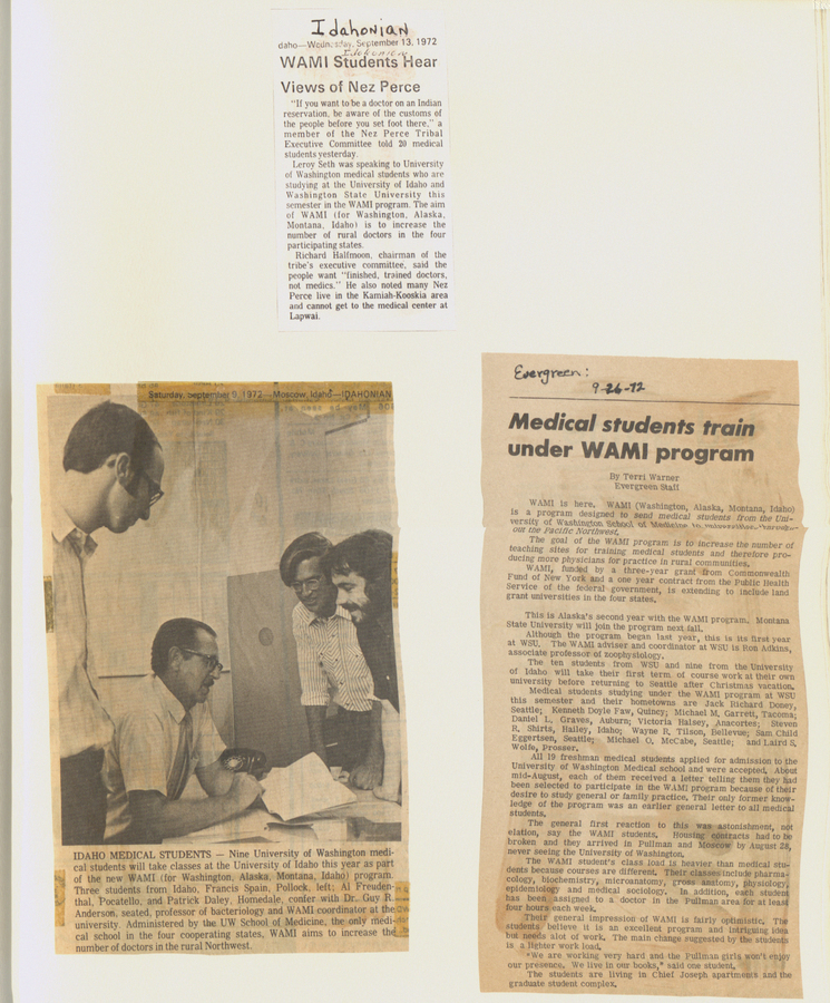 Various newspaper clippings from the Lewiston Tribune and Idahonian, discussing the training of medical students under the WAMI program.