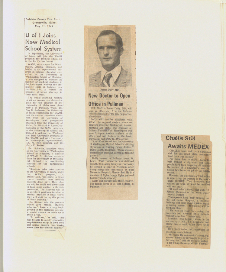 Various newspaper clippings discussing the University of Idaho joining a new medical school system, new doctor to open office in Pullman.