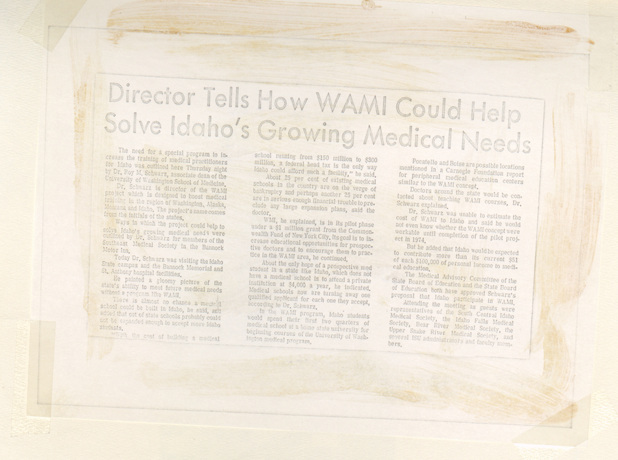 A newspaper clipping discussing the potential impact of the WAMI program in addressing Idaho's medical needs.