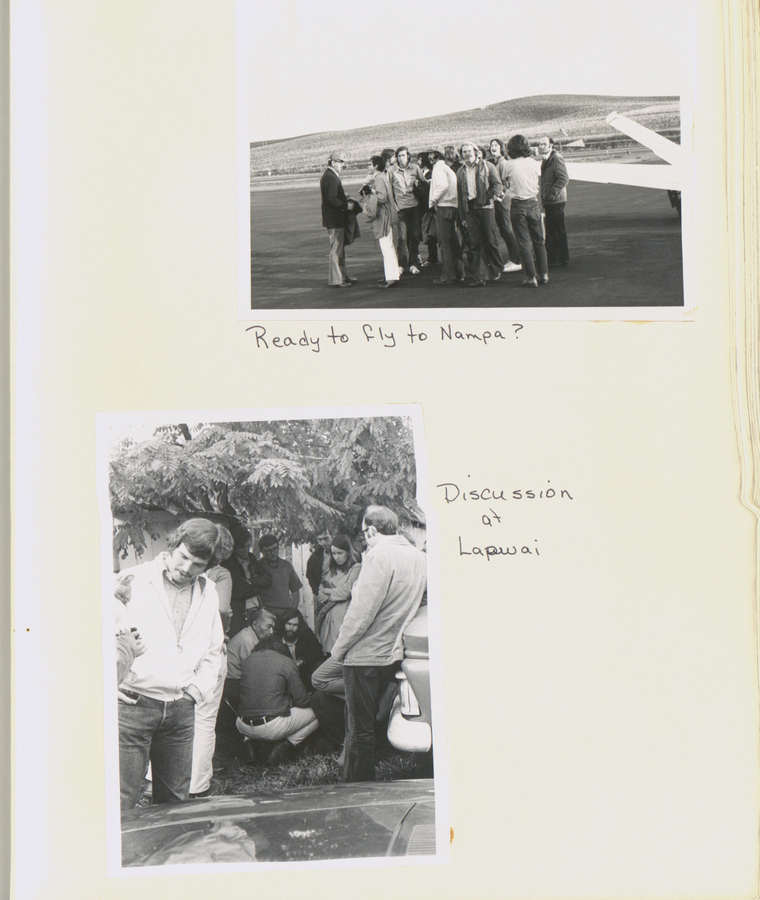 A photograph showing a group of individuals ready to fly to Nampa, Idaho and a group discussion in Lapwai, Idaho.