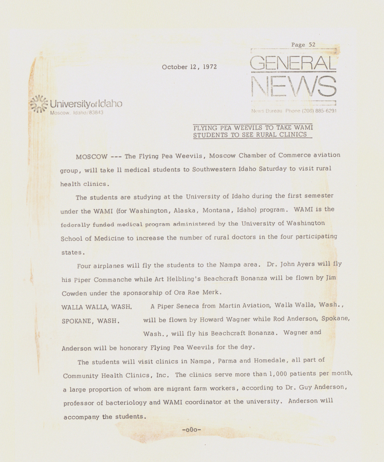 A press release discussing the Flying Pea Weevils taking WAMI students to see rural clinics, including details on the medical program and aircraft involved.