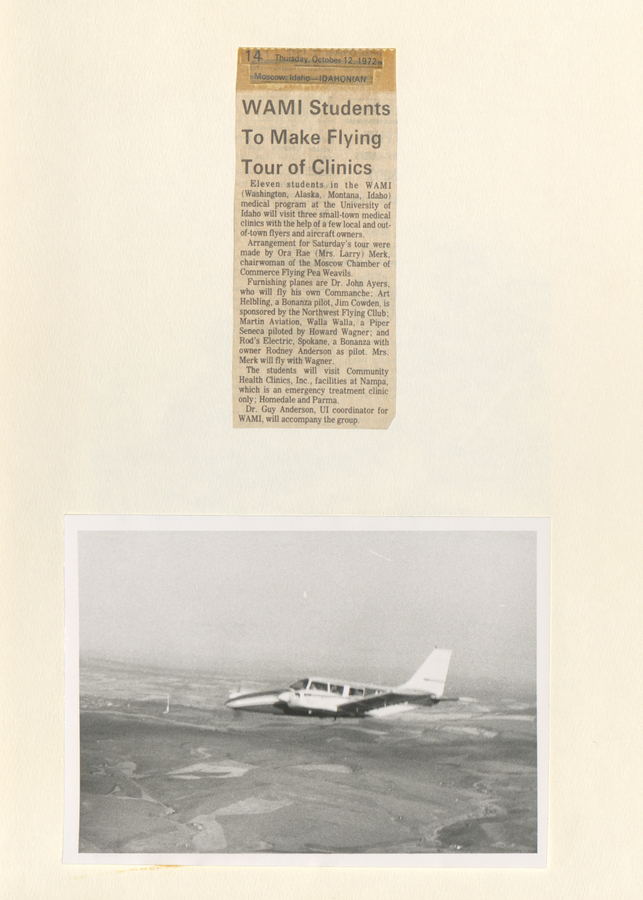 A newspaper clipping and photograph about WAMI students making a tour of clinics, highlighting the locations and the purpose of the tour and a photograph of the plane.