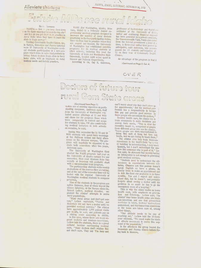 A newspaper clipping discussing future MDs seeing rural Idaho, detailing their experiences and observations during the tour and insights into the program's impact on medical training.