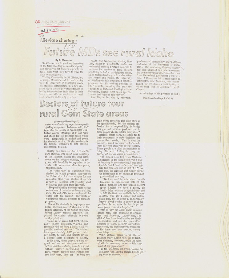 A newspaper clipping discussing future MDs seeing rural Idaho, detailing their experiences and observations during the tour and insights into the program's impact on medical training.