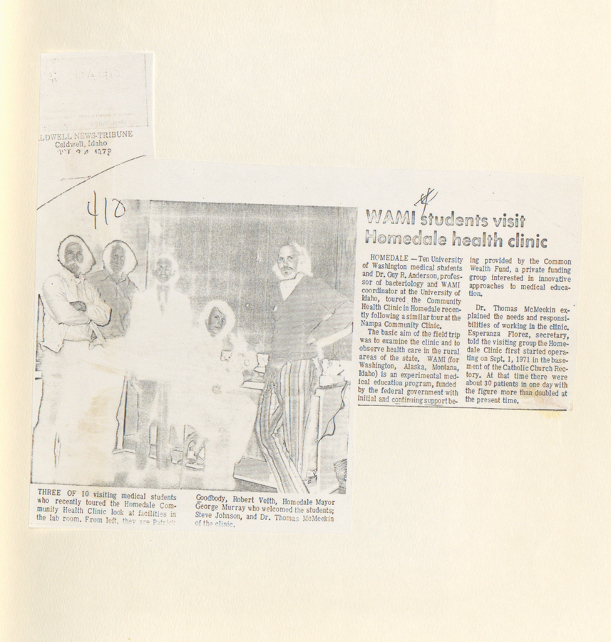 A newspaper clipping discussing WAMI students visiting Homedale Health Clinic, focusing on their activities and the clinic's role in the community.