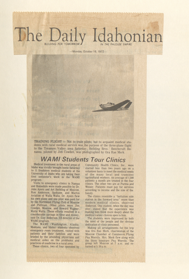 A newspaper clipping from The Daily Idahonian discussing the WAMI students' tour of clinics, detailing the students' flight arrangements and the clinics they will visit.