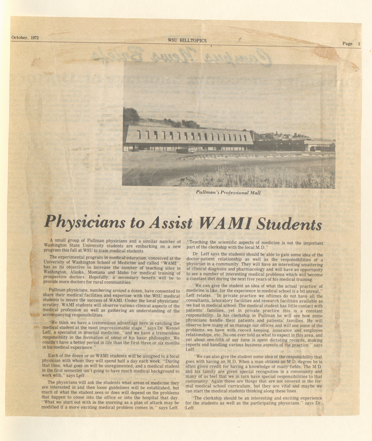 A newspaper clipping discussing the involvement of local physicians in the WAMI program to provide practical medical training for students.