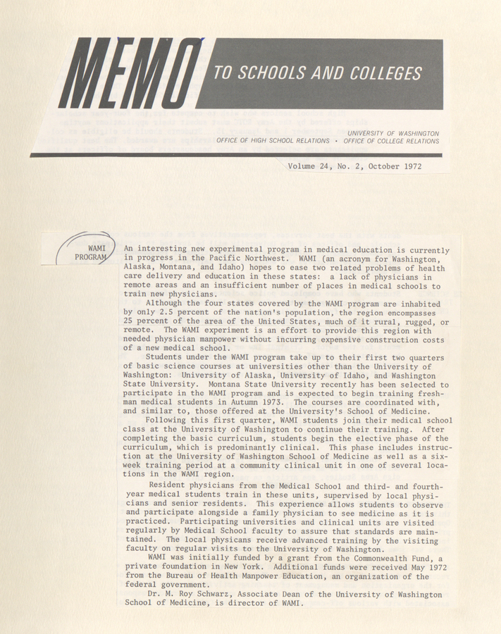 A memo to schools and colleges from the Office of High School Relations at the University of Washington, detailing the WAMI program and its goals, including increasing the number of rural doctors in the Pacific Northwest.