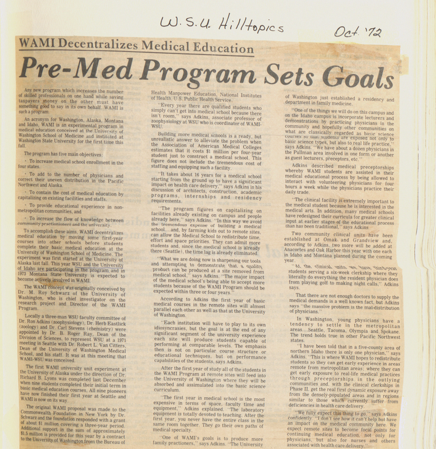 A newspaper clipping from W.S.U. Hilltopics discussing the goals set by the pre-med program, highlighting the initiative to decentralize medical education and the focus on rural health care.