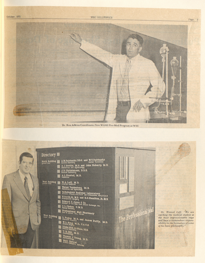 A newspaper clipping with two photographs of Dr. Rom Adkins and Dr. Wenzel Leff. The images highlight the involvement of  faculty in the WAMI program.