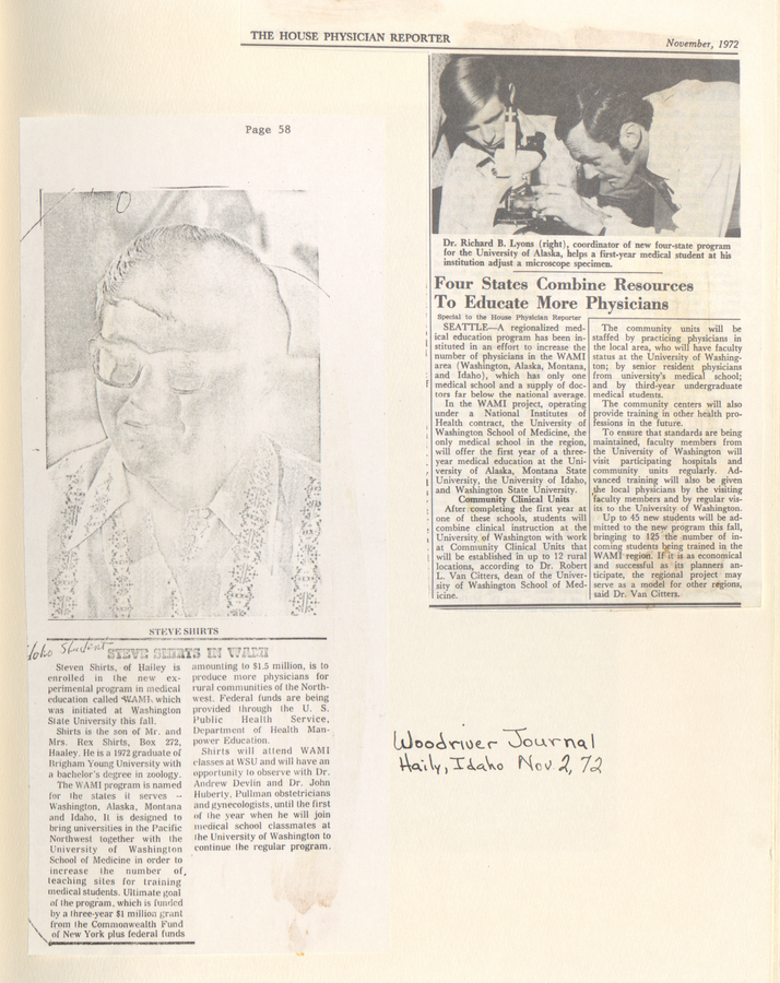 A newspaper clipping from the Wood River Journal discussing the collaboration of four states (Washington, Alaska, Montana, and Idaho) to combine resources and educate more physicians, highlighting the WAMI program.