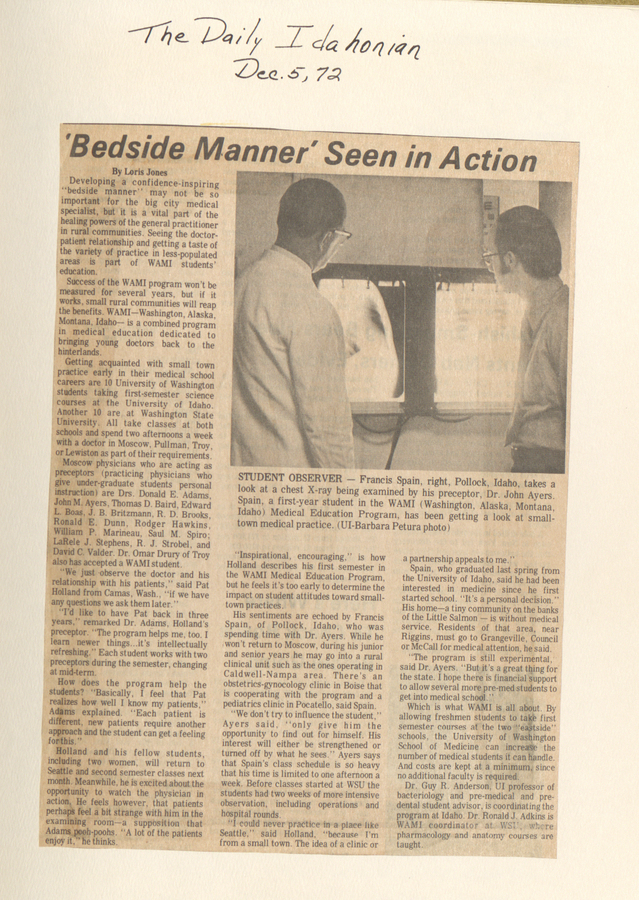 A newspaper clipping from The Daily Idahonian discussing the importance of bedside manner in medical practice, featuring WAMI students observing and practicing patient interactions.