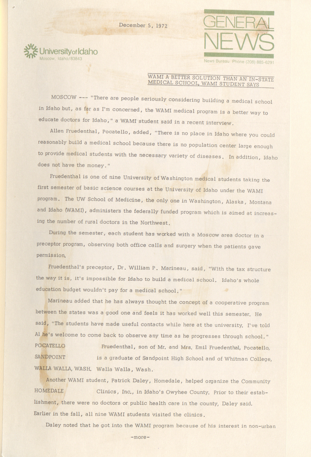 Press release discussing the WAMI program as a solution for Idaho's medical needs, highlighting the benefits and progress of the program.