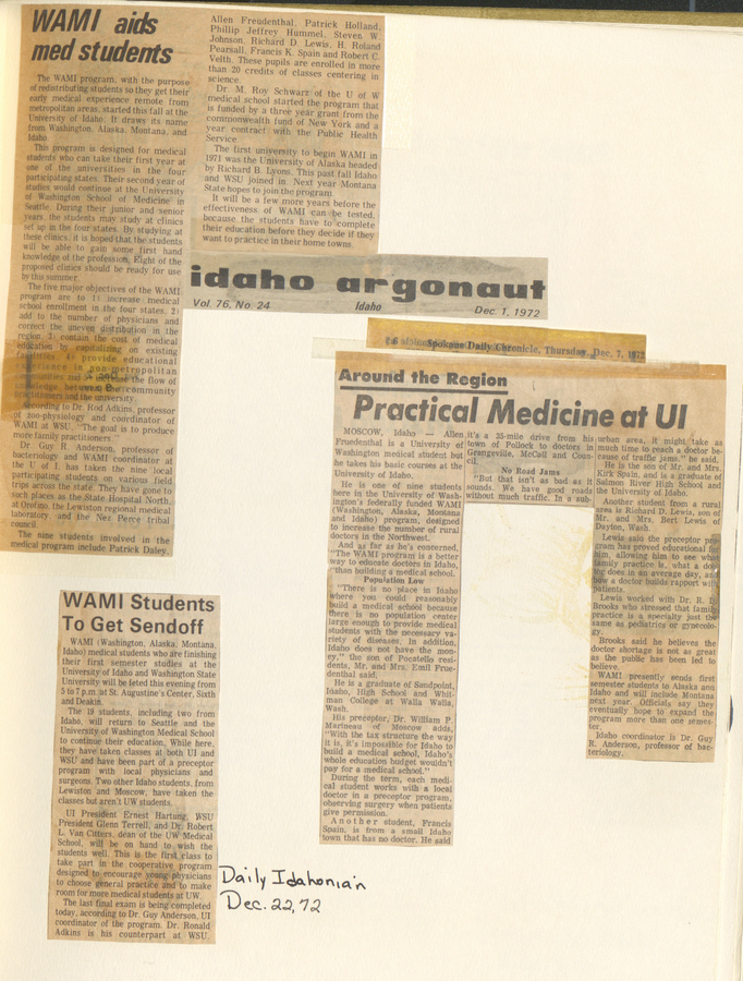 A collection of newspaper clippings discussing the practical medical training provided by the University of Idaho under the WAMI program.