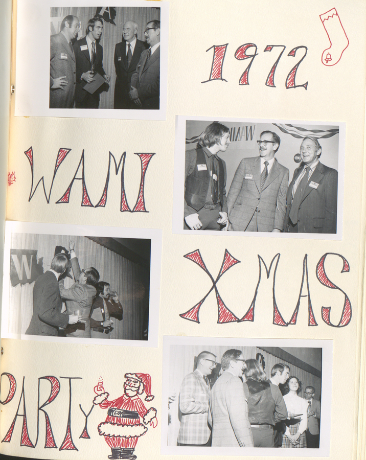 Photographs from the WAMI Christmas Party held in 1972, showing students and faculty in a festive setting.