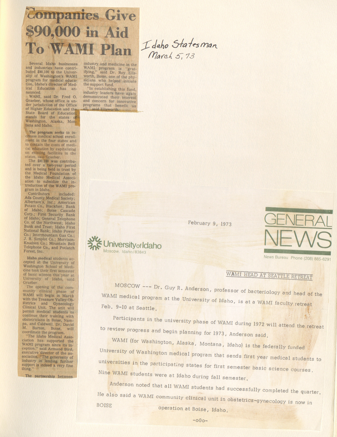 A newspaper clipping from the Idaho Statesman and a letter from the University of Idaho discussing financial aid provided to the WAMI program and press release on WAMI headed to Seattle retreat