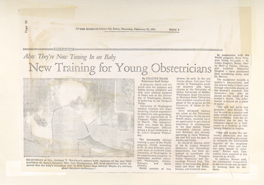 A newspaper article from The Idaho Statesman about new training programs for young obstetricians, highlighting WAMI's role in this initiative.