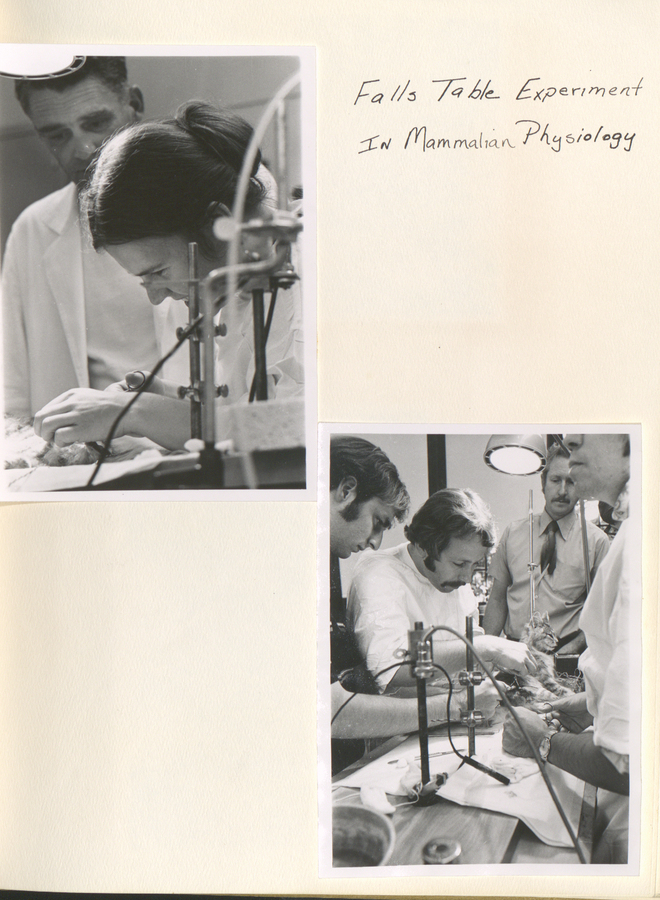 Black and white photographs showing students conducting an experiment in mammalian physiology.