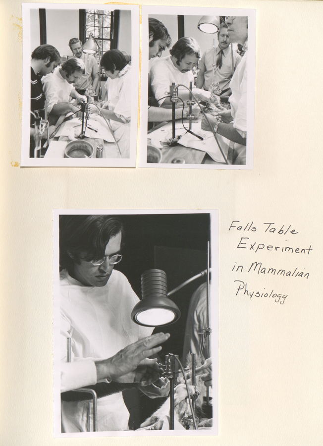 Black and white photographs showing students conducting an experiment in mammalian physiology.