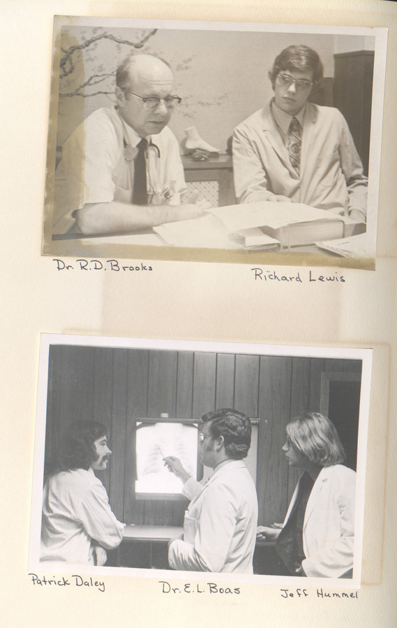 Photograph showing Dr. R.D. Brooks and Richard Lewis; Dr. E. L Boas and students in a consultation