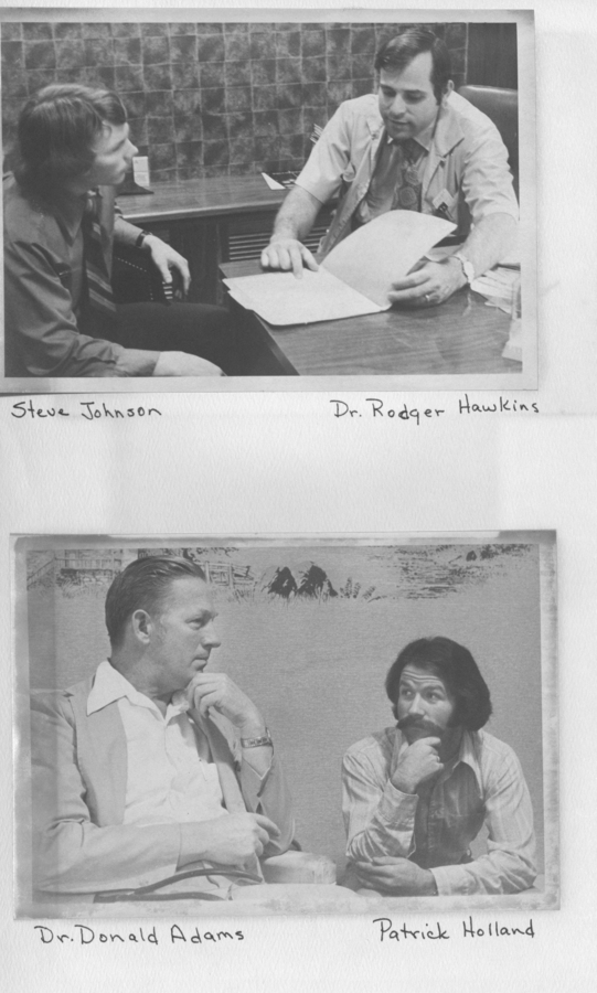 Photograph of Dr. Rodger Hawkins and Steve Johnson; Dr. Donald Adams and Patrick Holland having a discussion.