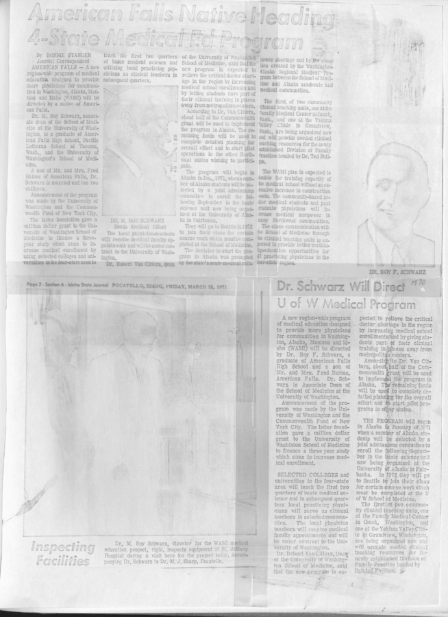 Newspaper clippings discussing WAMI program and Dr. Schwarz to head the UW program.