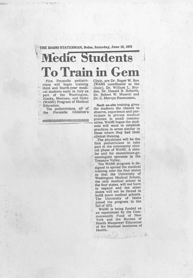 A newspaper clipping discussing WAMI medical students training at the University of Idaho.