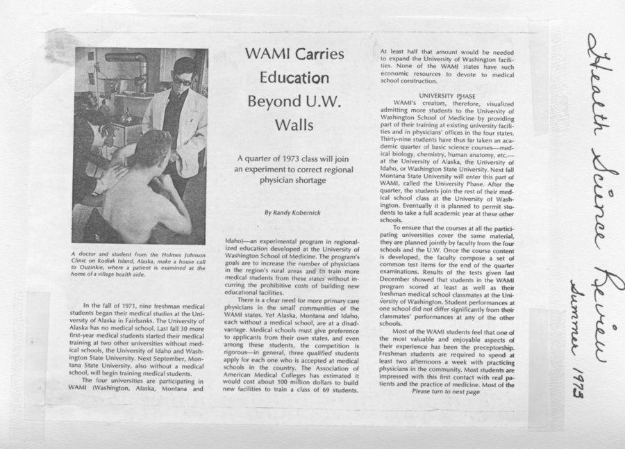 Newspaper clipping discussing the WAMI program's initiative to extend medical education beyond the University of Washington's walls.