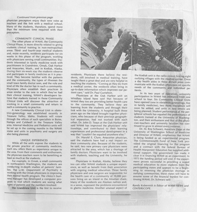 Continuation of previous newspaper clipping discussing the WAMI program's initiative to extend medical education beyond the University of Washington's walls.