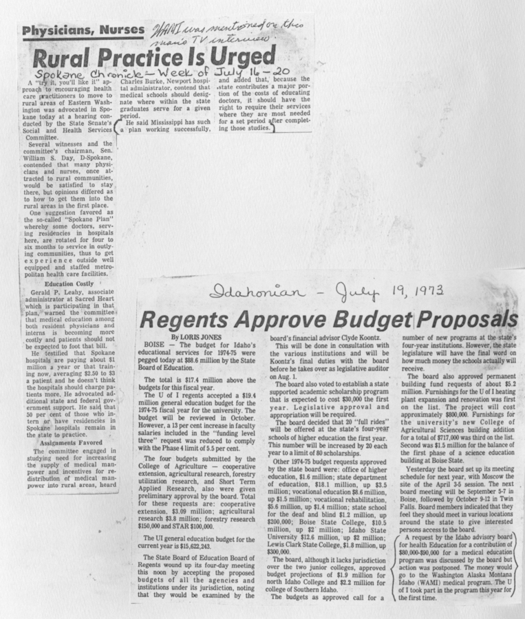 Newspaper clippings. First from the Spokane Chronicle urging rural practice, and the second from the Idahonian announcing regents' approval of budget proposals for Idaho's education.