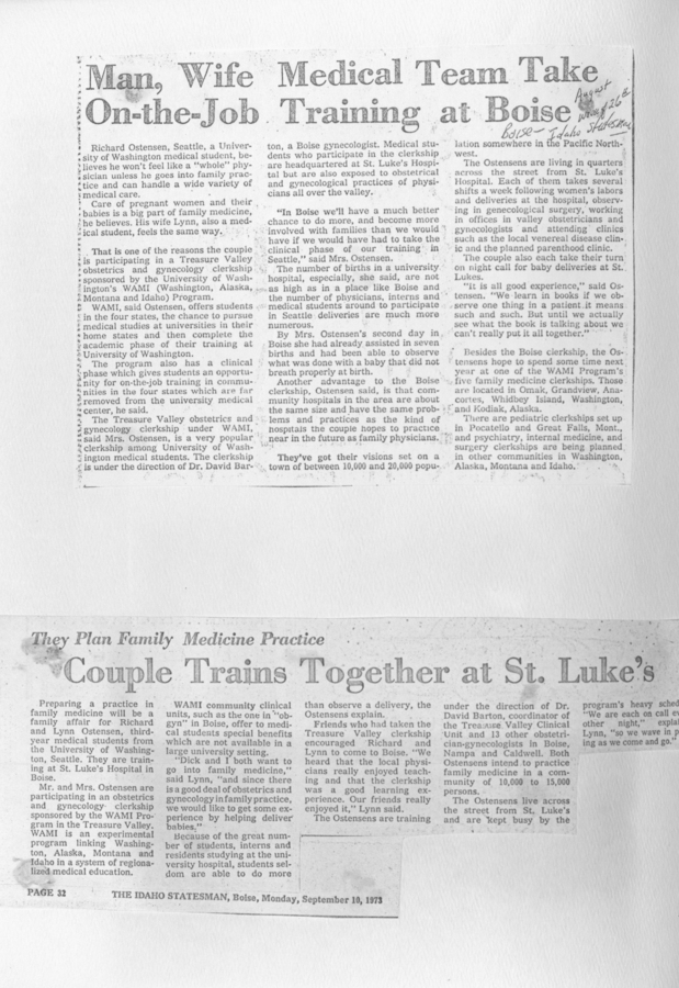 Newspaper clippings discussing the on-the-job training of a medical couple at Boise and their subsequent family medicine practice training at St. Luke's.